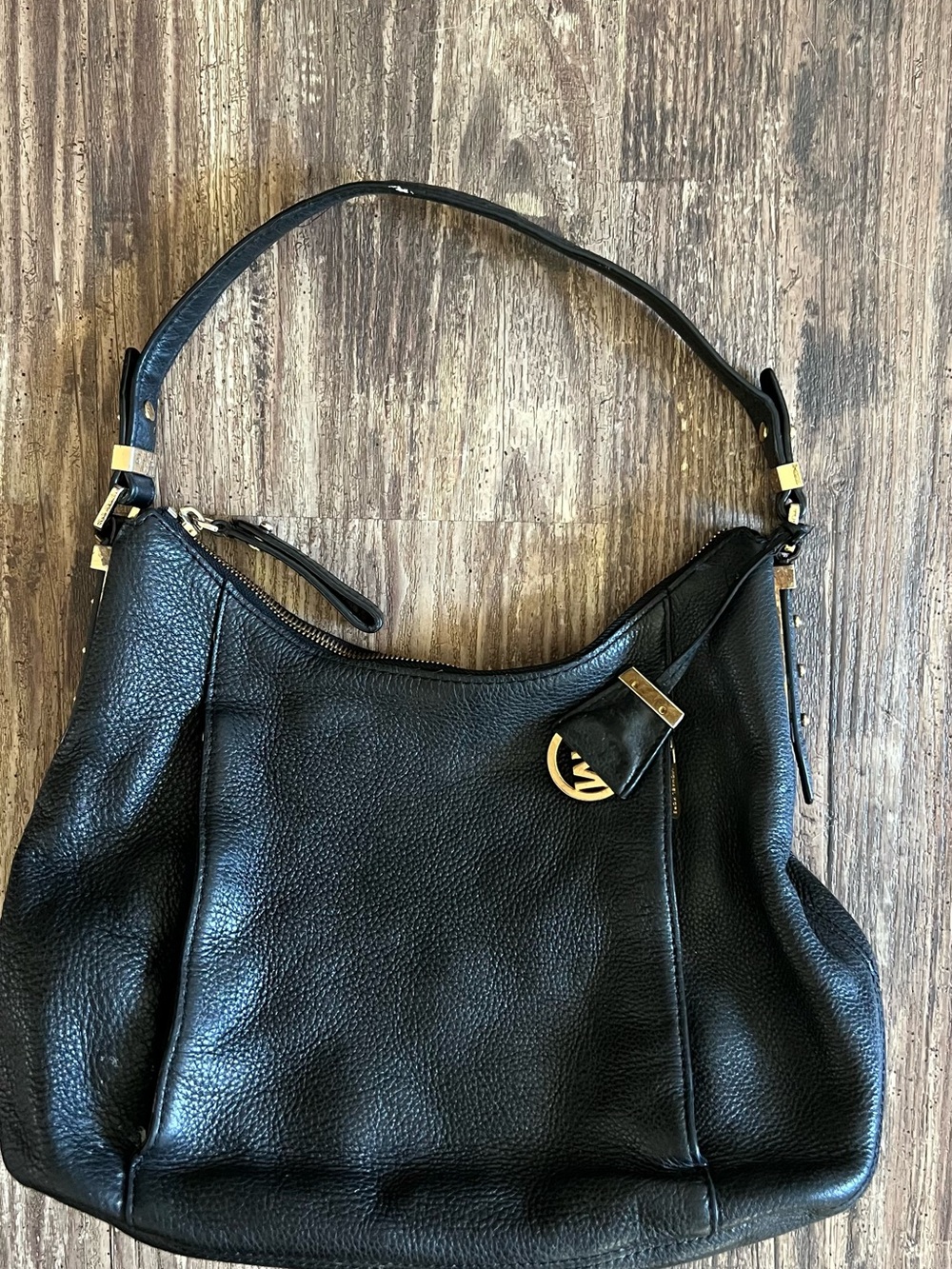 Michael Kors Black Pebbled Leather Shoulder Bag with Gold Hardware